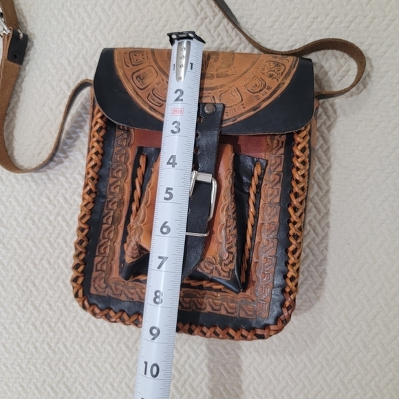 Handmade Tooled Leather Crossbody Satchel Bag Black Brown Made in Mexico - Picture 13 of 16